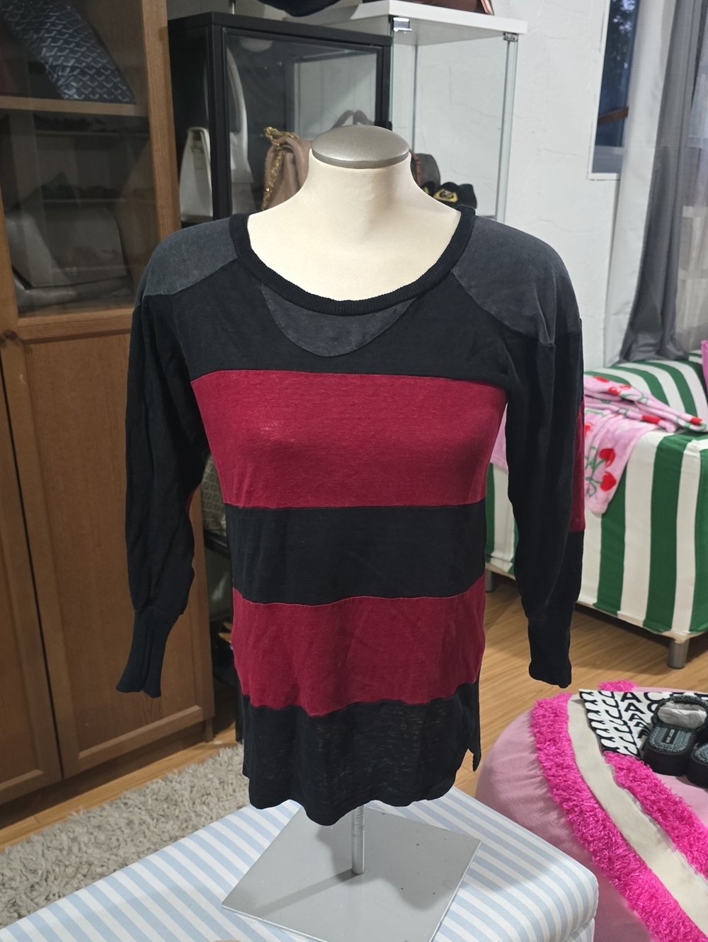 Isabel Marant Black and Burgundy Striped Long Sleeve Crewneck